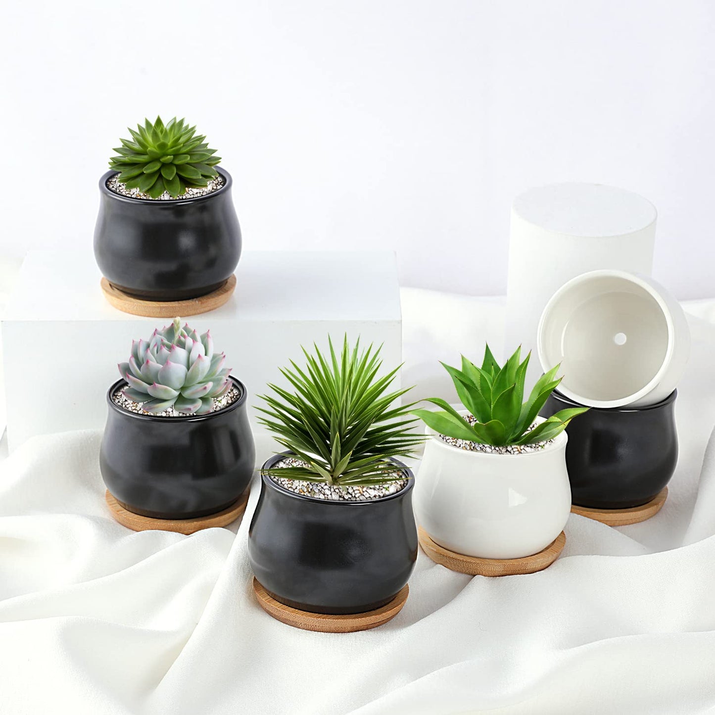 SHECIPIN 12 Pack Succulent Plant Pot, Mini 2.6 inch Ceramic Flower Planter Pot with Bamboo Tray, Small Pots for Plants, Plants Not Included （White, Black）