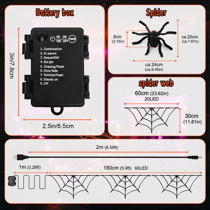 FFZZKJ Halloween Decorations Spider Web Lights 6FT 60LED Battery Operated/USB Powered with Black Spider with Timer 8 Modes Indoor Outdoor for Halloween Decor, Orange&Purple