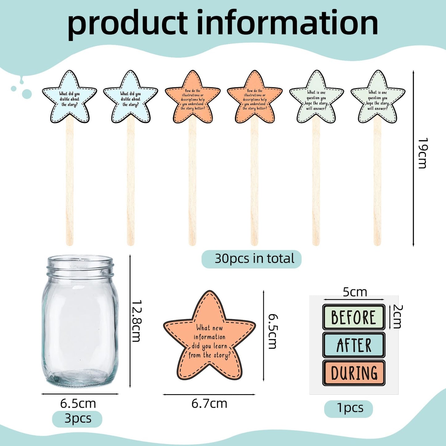 Eaasty 33 Pcs Reading Comprehension Game Classroom Management Supplies Bottle with Sticker Question Card Classroom Readings Tool Elementary Kindergarten Decor Before During After Reading Teacher
