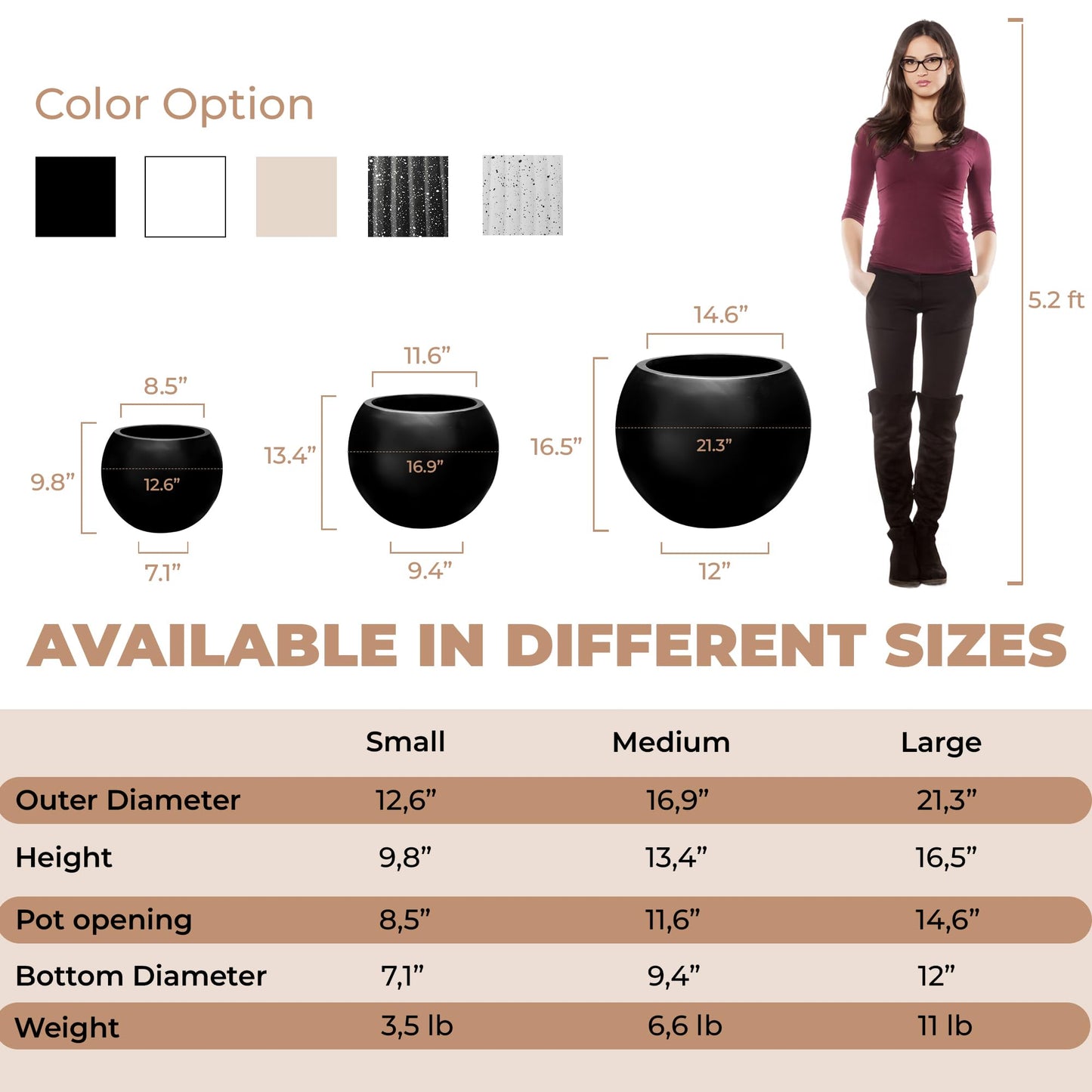 DEPLA LANE Marlo Fiberstone Round Planter (8.5" Pot Opening x 12.6" D x 9.8" H) Smooth Finishes, Lightweight, Durable, UV Resistant, Modern Minimalist Home Decor, Indoor Outdoor Plant Pot (S, Black)