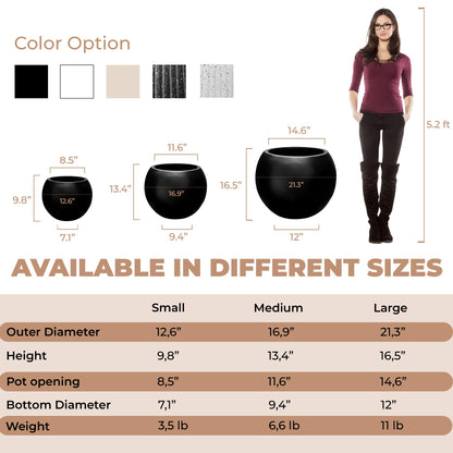 DEPLA LANE Marlo Fiberstone Round Planter (8.5" Pot Opening x 12.6" D x 9.8" H) Smooth Finishes, Lightweight, Durable, UV Resistant, Modern Minimalist Home Decor, Indoor Outdoor Plant Pot (S, Black)