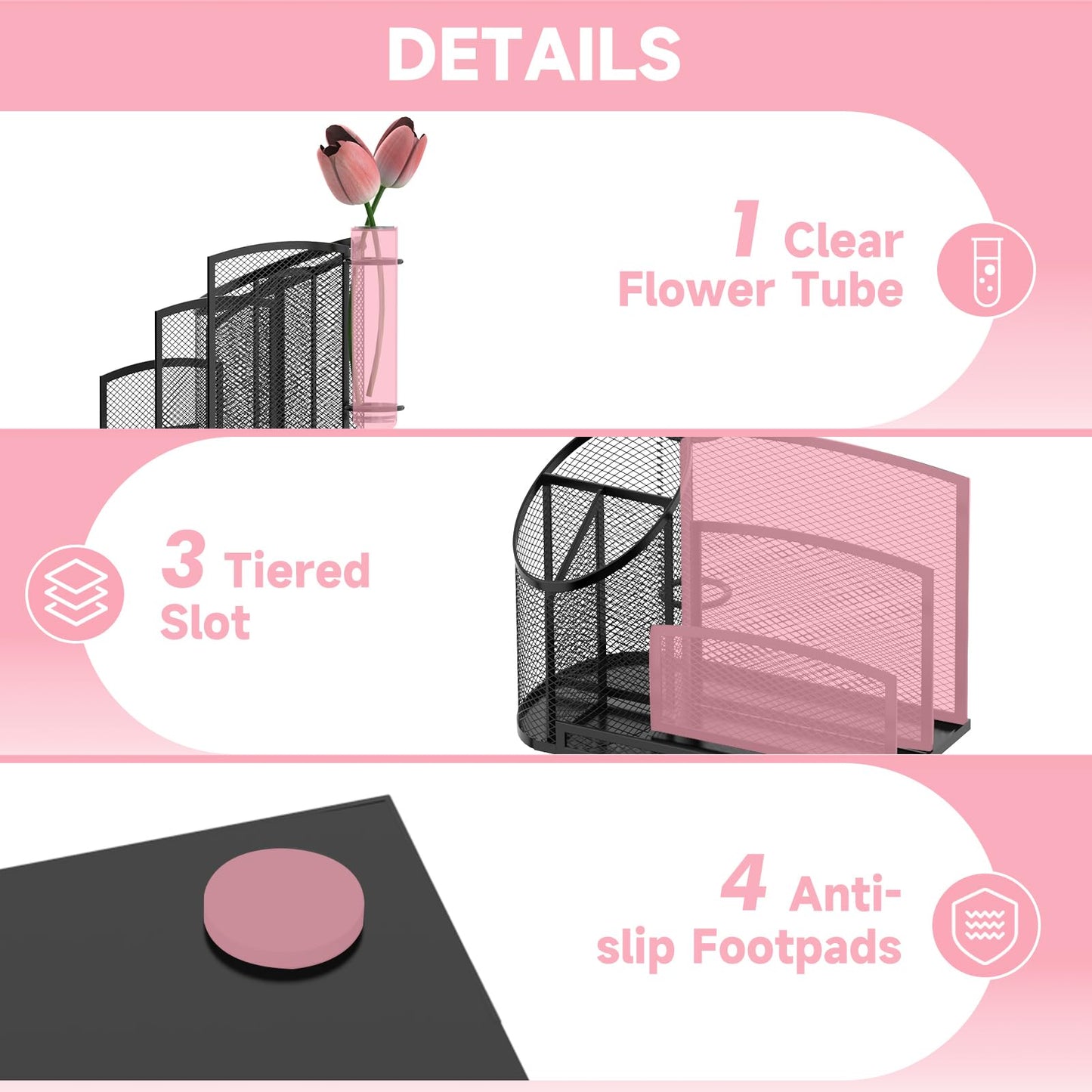 SUPEASY Desk Organizer with 3 Compartment Pen Holder, 3-Slot Mail Organizer and Flower Tube, Metal Mesh Bill Organizer for Pencil, Envelope, Letter and Office Supplies, Black