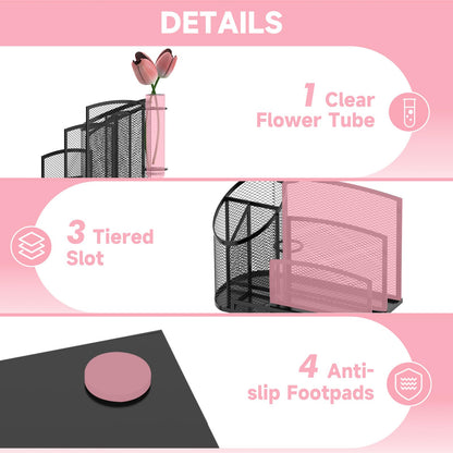 SUPEASY Desk Organizer with 3 Compartment Pen Holder, 3-Slot Mail Organizer and Flower Tube, Metal Mesh Bill Organizer for Pencil, Envelope, Letter and Office Supplies, Black