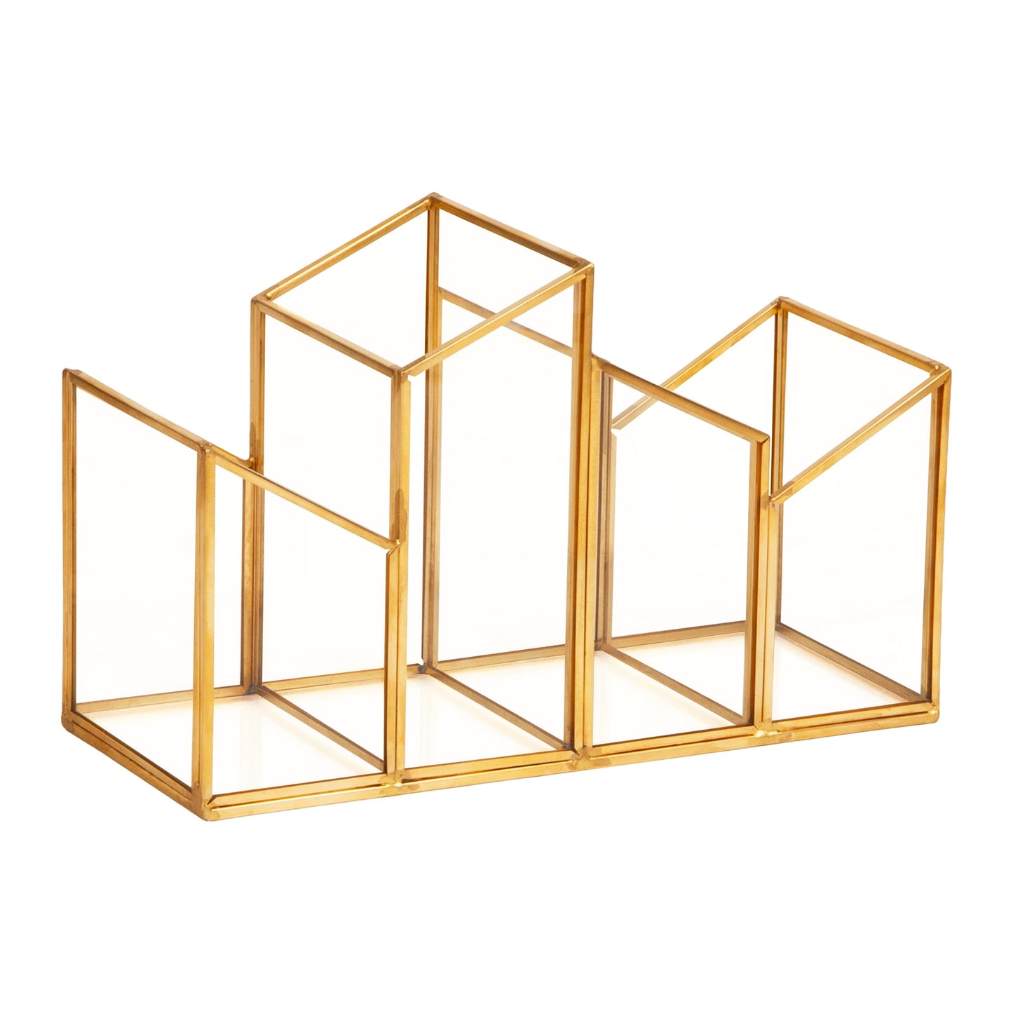 Mind Reader 4-Compartment Angled Glass Pen Holder with Copper Trim, Desktop Organizer for Office Supplies & Accessories, Glass and Copper, Clear