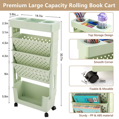 CINPIUK Rolling Office Paper Organizer, Mobile Book Cart Document Folder File Storage with Pen Holder, Slim Rolling Storage Cart Movable Bookshelf for Office, Dorm, Classroom, Nursery, Green