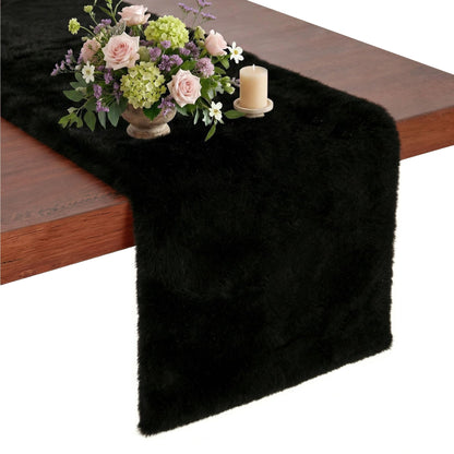 duduta Black Faux Fur Table Runner 48 inches Long, Luxury Fluffy Dresser Runner Nightstand Covers Halloween Wedding Holiday Decor