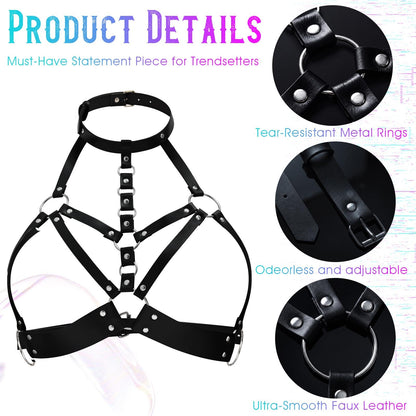 Sethexy Leather Body Chain Chest Chain Jewelry Adjustable Black Rave Goth Bra for Women