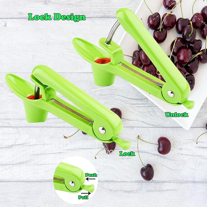Cherry Pitter Tool, Heavy-Duty Stainless Steel Pitting Tool, Portable Cherries Corer Stoner Seed Tool with Lock Design, Fruit Pit Remover for Cherry Jam (Green)