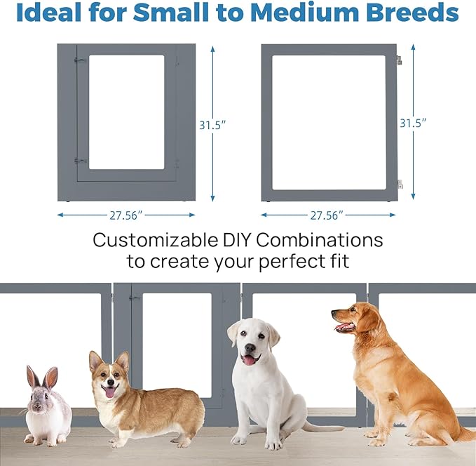 Heavy Duty Clear Acrylic Dog Playpen for Small/Medium Pets – 32" High Clear Pet Pen with Sturdy Metal Frame, Walk-in Kennel, Expandable Indoor & Outdoor Pet Play Yard (Grey, 2 Panel)
