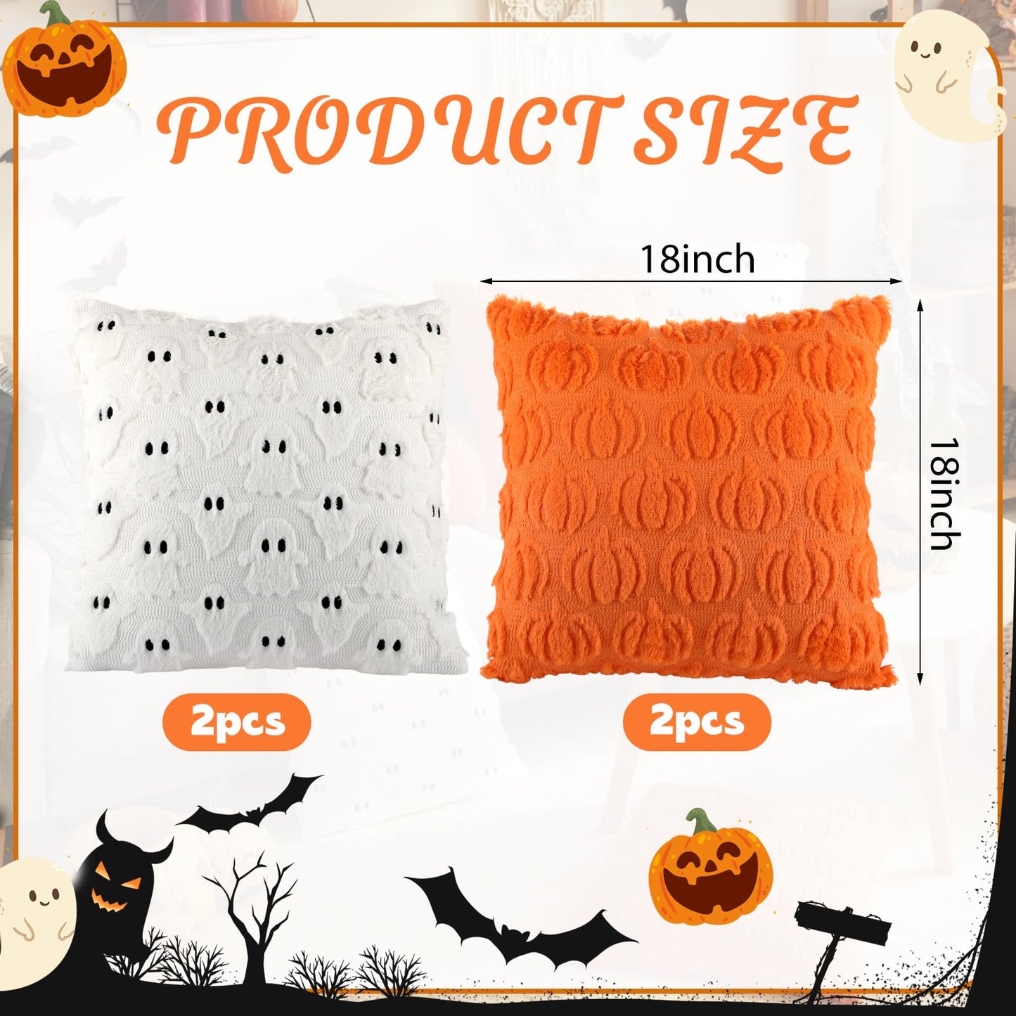 Tegeme 4 Pcs Halloween Pillow Covers 18x18 Inch White Ghost Throw Pumpkin Fall Decorative Fluffy Plush Accent Pillow Cases for Chair Sofa Bedroom Living Room Home Decor