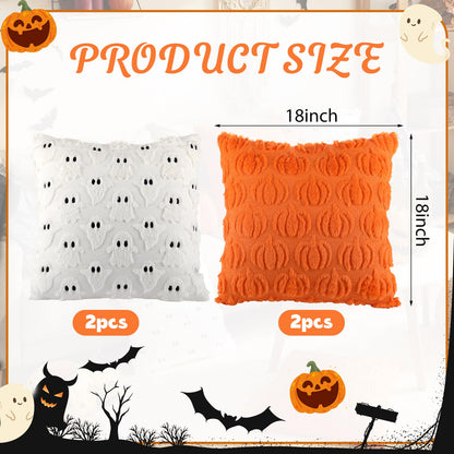Tegeme 4 Pcs Halloween Pillow Covers 18x18 Inch White Ghost Throw Pumpkin Fall Decorative Fluffy Plush Accent Pillow Cases for Chair Sofa Bedroom Living Room Home Decor