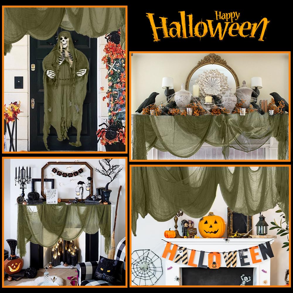 Vellibring 400" x 85" Halloween Creepy Cloth Decoration,Large Green Spooky Fabric Cloth Scary Gauze Cheesecloth for Haunted House Halloween Party Yard Wall Indoor Outdoor Decor