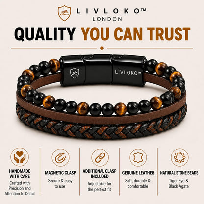 LIVLOKO Mens Bracelet Leather Black Multi-Layer Bracelet for Men Magnetic Clasp Rope Wristband Mens Gift for Boyfriend (Medium to Large 20-22cm, B. 19-22cm Black Brown Tiger-Eye Adjustable)