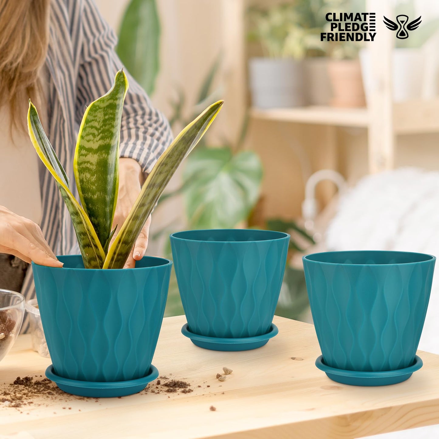 YNNICO 6 inch Plant Pots, 5 Pack Flower Pots Outdoor Indoor, Planters with Drainage Hole and Tray Saucer(Blue
