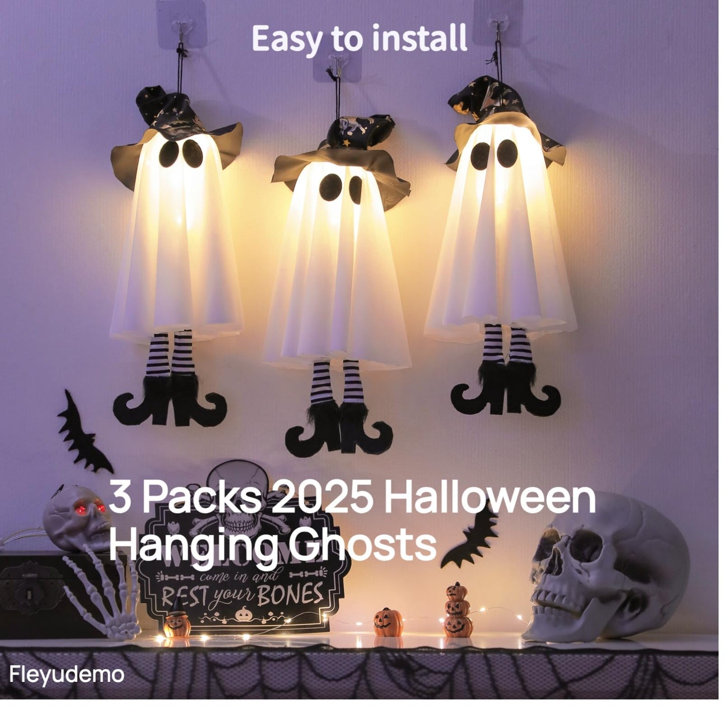 3 Pack Halloween Hanging Ghosts,Halloween Decorations Outdoor,19 inch Light Up Hanging Ghost with Witch Hat for Yard Patio Garden Tree