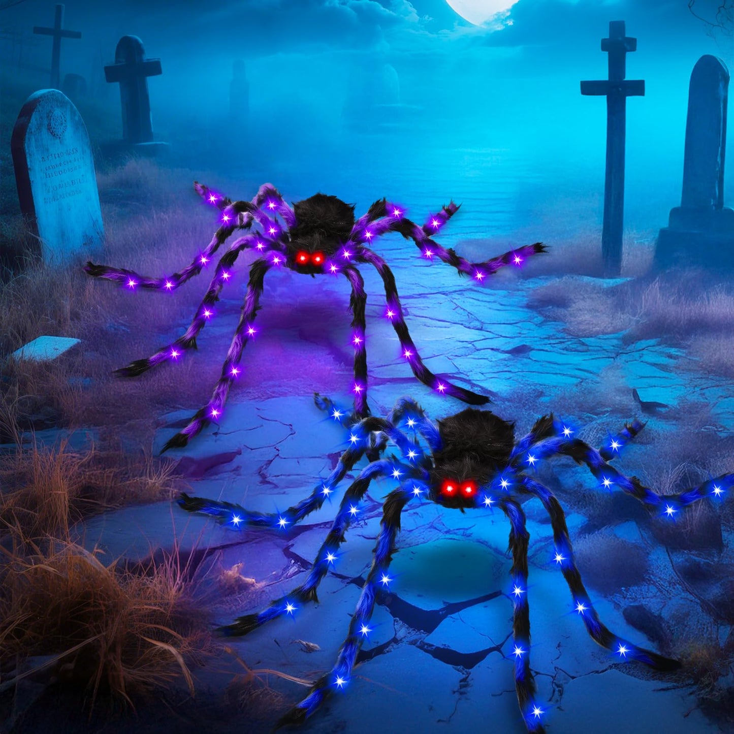 2 Pack 50" Halloween Light Up Spiders, Giant Hairy Spider Decorations with Blue and Purple LED Lights, Scary Indoor Outdoor Halloween Decor for Yard Porch Tree Party Haunted House