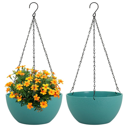 Meowell 8 inch Small Hanging Planters Plant Pots for Indoor Outdoor Plants, 2 Pack Hanging Flower Pots with Drainage Holes and Chain for Garden, Plastic Hanging Baskets for House Plants, Blue Green