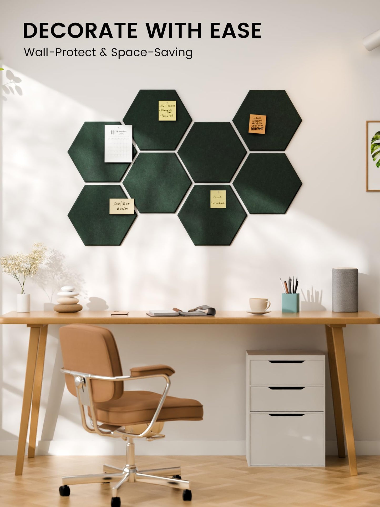 Fluxynara Hexagon Cork Board Alternative for Walls Decor-8-Pack Felt Bulletin Board Tiles,with 30 Pushpins,50 Adhesive Tabs for Office,Classrooms & Home Pin Board Felt Board-Pine Green