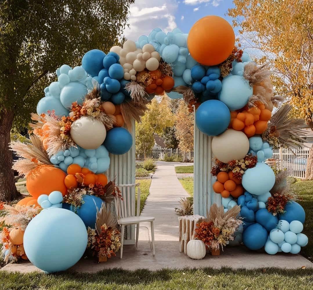 Blue Orange White Balloon Arch Double Stuffed Balloon Kit for Fall Birthday
