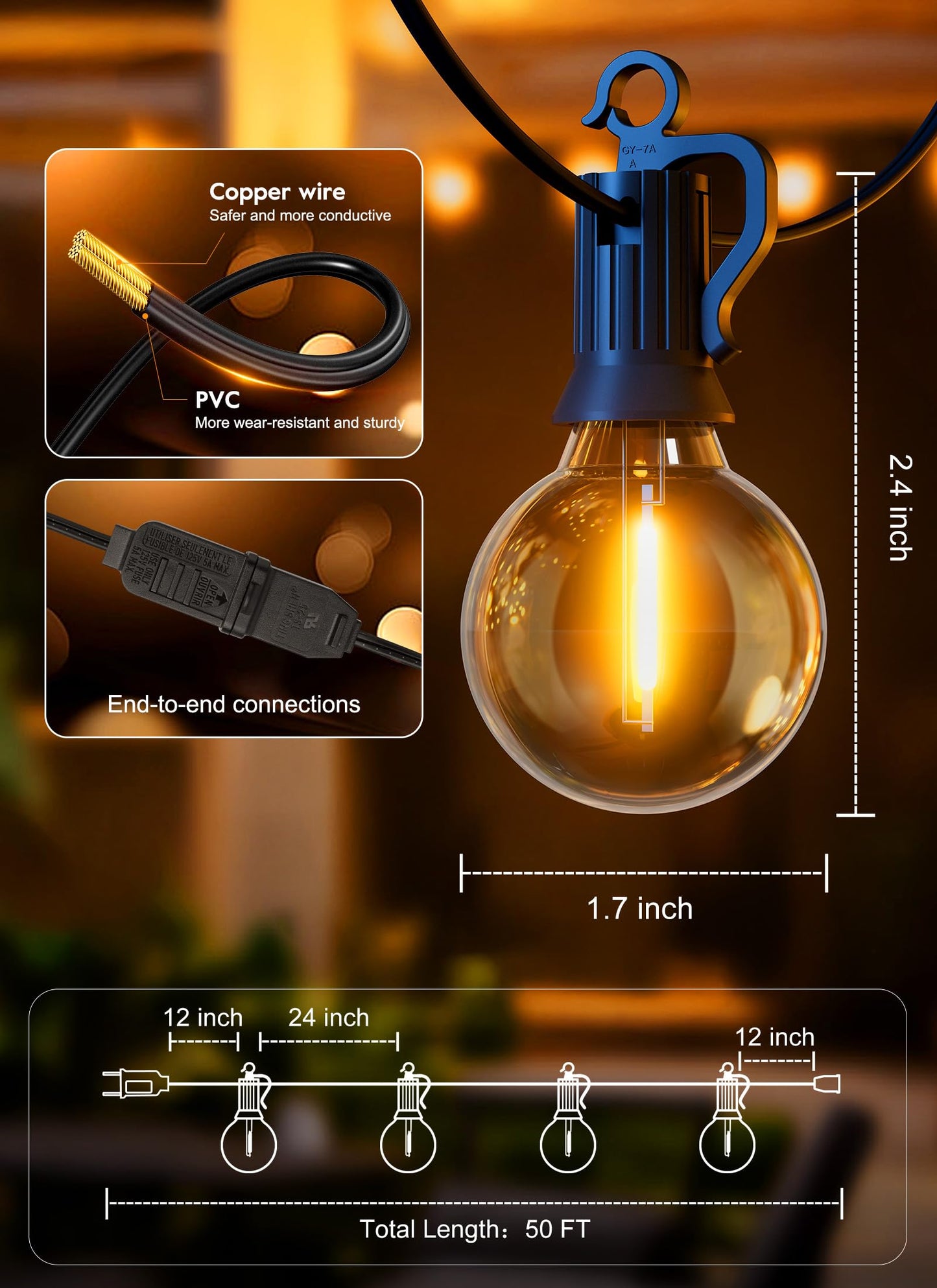 Brightown Outdoor String Lights - Connectable Dimmable LED Patio String Lights with G40 Globe Plastic Bulbs, All Weatherproof Hanging Lights for Outside Backyard Porch (50 ft - 25 LED Bulbs)