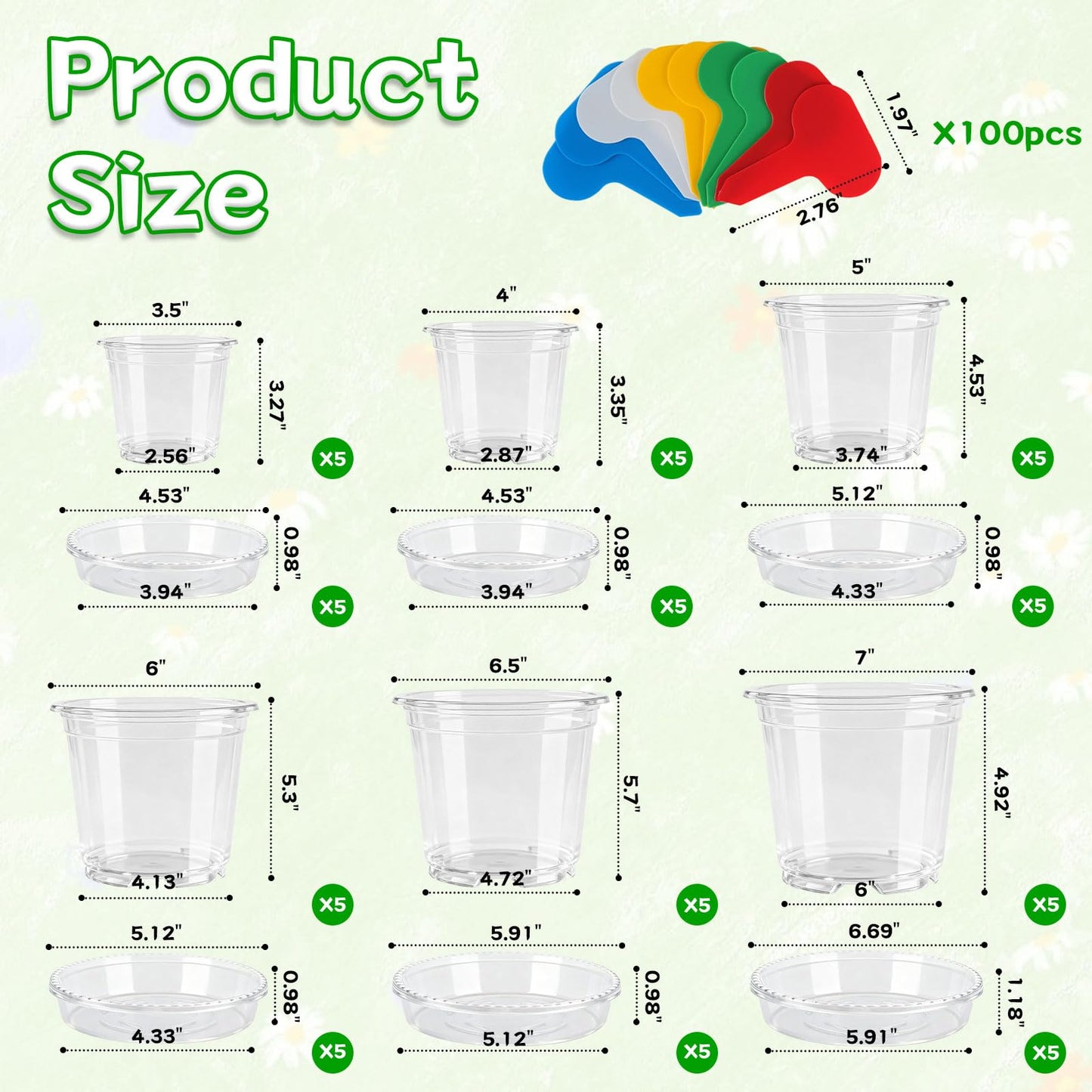 FDKYOEK 30Pack Clear Nursery Pots with Drainage and Saucer, 3/4/5/6/7in Clear Plastic Pots for Plants Flowers Succulents Vegetables, Transparent Plant Pots with 100 Planter Labels for Seedling Starter