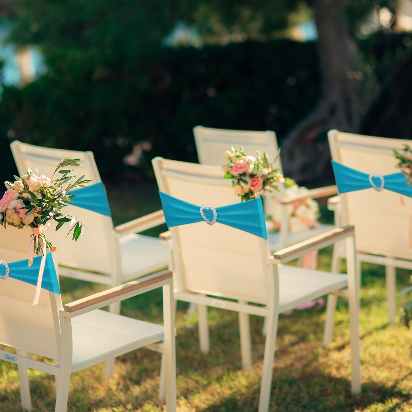 VitalCozy 100 Pcs Spandex Chair Sashes with Heart Shaped Buckle Slider Stretch Chair Cover Band Universal Elastic Ties for Wedding Banquet Event Party Decoration(Turquoise)