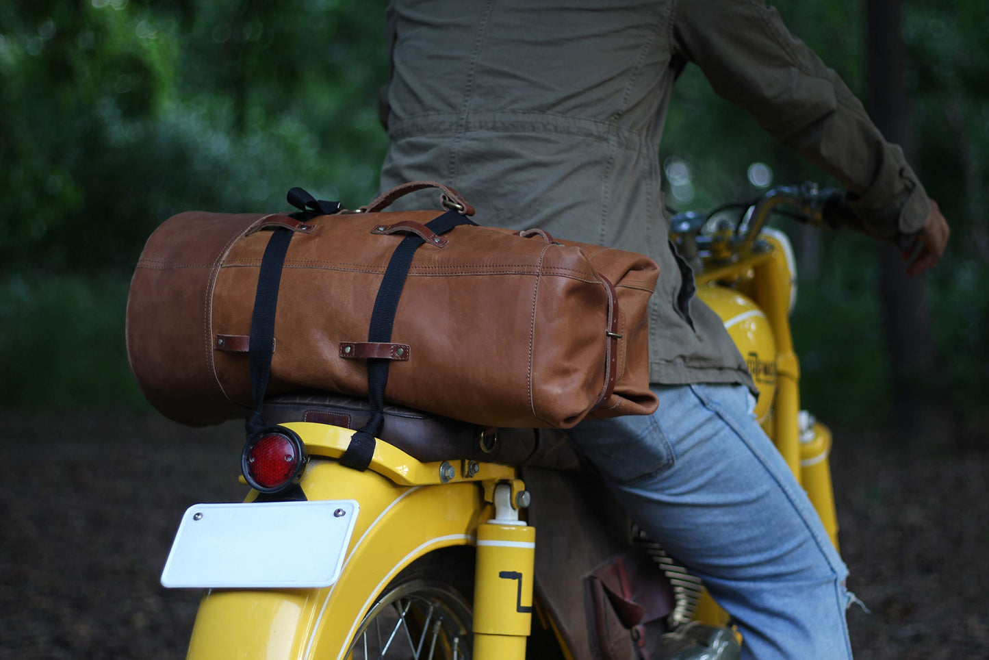 Trip Machine Company Full Grain Leather Military Inspired Motorcycle Duffel Bag 24L Saddlebag Weekender with Shoulder Strap, Mounting Straps & Rain Cover (Vintage Tan)
