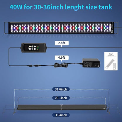 hygger Aquarium Light, 40W Full Spectrum Fish Tank LED Light, 24/7 Remote Control Adjustable Timer, Brightness and Color, Extendable Bracket, Power-Off Memory Plant Growth Lamp, Fits 30-36 Inch Tank