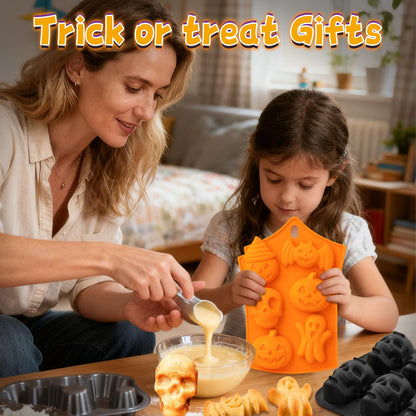 Qibiyuu Halloween Skull Cake Pan & Pumpkin Silicone Molds Set – 6 Cavity 3D Skull Baking Pan + 6 Halloween Shape Silicone Molds (Pumpkin, Ghost, Bat) for Cakes, Chocolate, Candy, DIY Party Baking