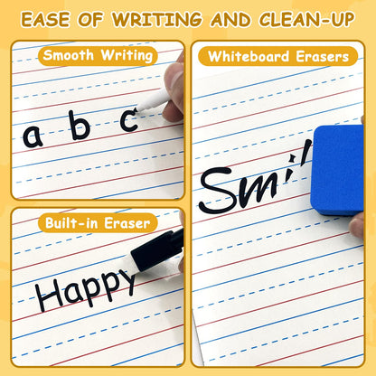 12-Piece Dry Erase Board Set, Double-Sided Small Whiteboards with Lines for Writing, Students and Teachers in Classroom, 6"x9" Mini Whiteboards, Includes 12 Markers and 12 Erasers