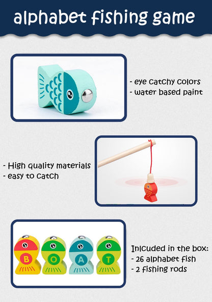 Haktoys Wooden Fishing Alphabet Game Magnetic Learning Toy with Ocean Sticker Book, ABC Toy with 26 Lettered Fish & 2 Poles, Educational Travel Game for Toddlers Preschool Kids