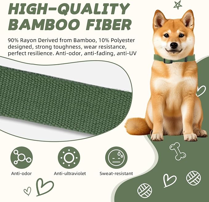 Dog Collar, Olive Green, Adjustable, Quick Release Buckle, 90% Rayon Derived from Bamboo, 10% Polyester, Small, Medium, or Large, for Large Dogs
