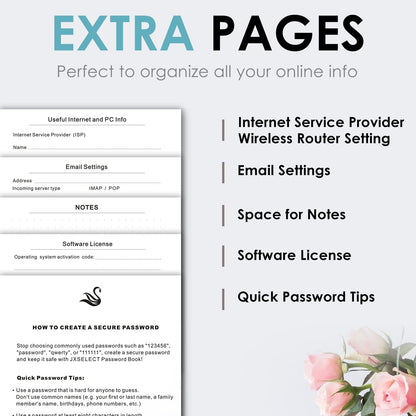 Elegant Password Book with Alphabetical Tabs - Hardcover Password Book for Internet Website Address Login - 7" x 10" Password Keeper and Organizer w/Notes Section & Back Pocket (Turquoise)