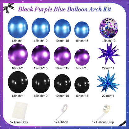 Black Purple Blue Balloon Garland Arch Kit, 140Pcs Metallic Blue Purple Teal Balloons Confetti Balloons with Stars for Fun Play Party Decorations Baby Shower Engagement Birthday Party Decorations