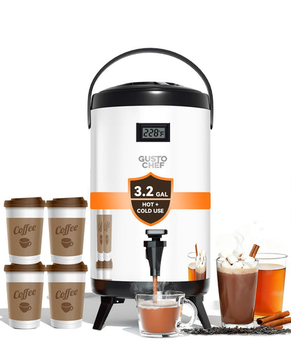 GUSTOCHEF Insulated Beverage Dispenser 3 Gallon,Hot&Cold Drink Dispenser with Spigot,LCD Thermometer,Stainless Steel Triple-Layer Insulation,for Tea Coffee Milk Juice,Party Buffet(Silver, 1 Pack)
