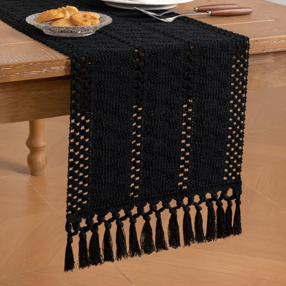 Socomi Boho Table Runner Summer Farmhouse Rustic Dining Kitchen Centerpiece Decor Small Macrame Woven Cotton Linen Coffee Table Runner for Dresser Scarf Home Decor 12x36 inch Black