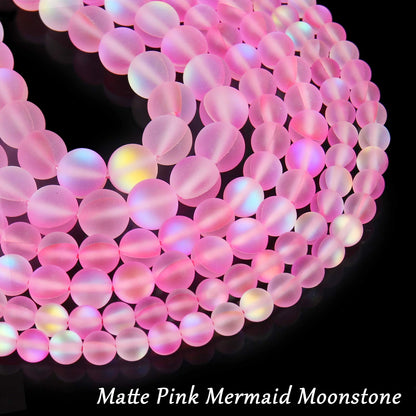 Matte Pink Aurora Crystal Glass Beads, 8MM Frosted Glitter Shining Mermaid Round Loose Beads, Rainbow Holographic Synthetic Moonstone for Jewelry Making DIY Bracelet