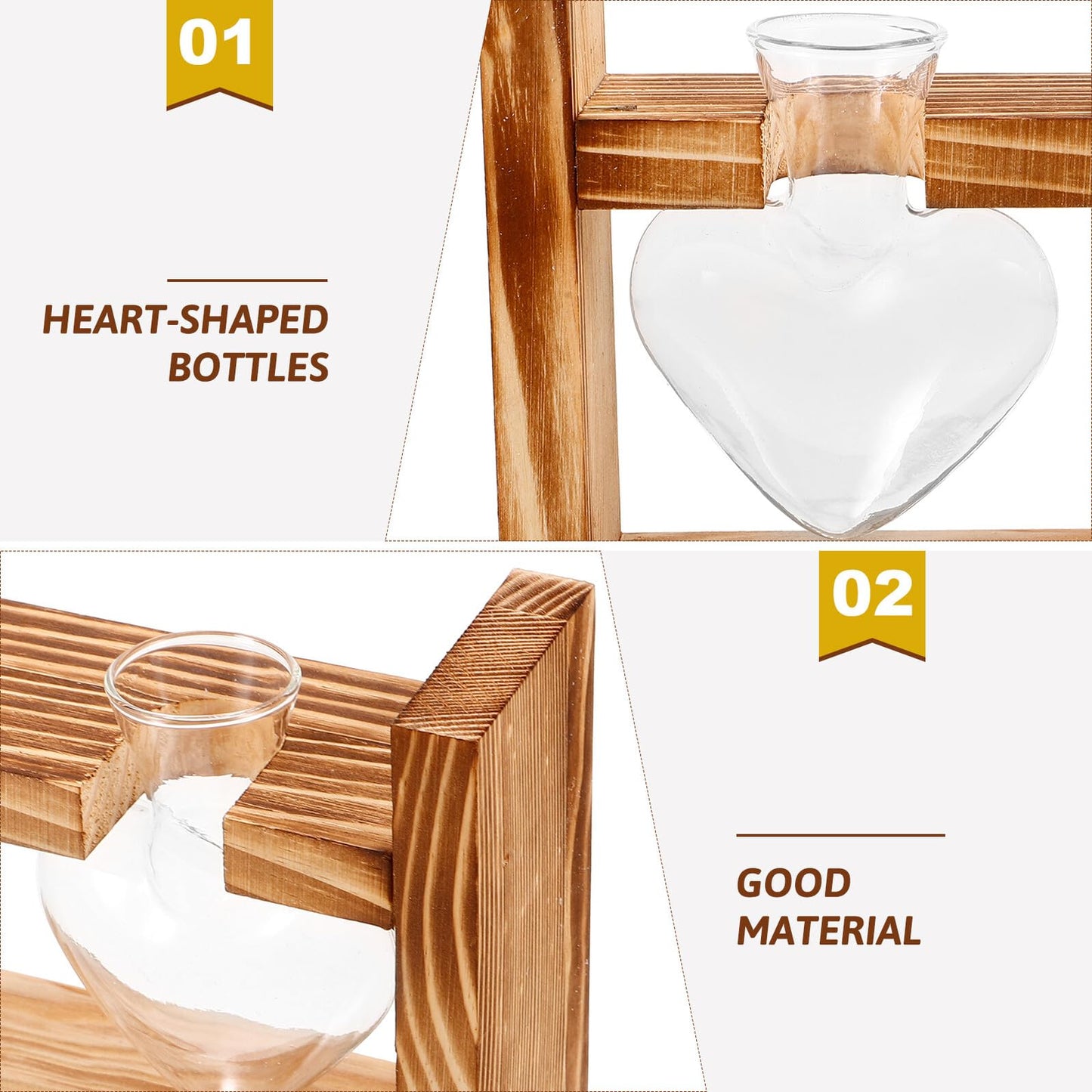 Housoutil Heart-Shaped Glass Planter Vase with Wooden Stand for Hydroponic Plants, Tabletop Terrarium Decor for Indoor Garden and Home Ornament, 2pcs Set