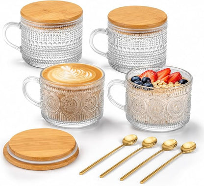 Semderm Vintage Glass Coffee Mugs Set of 4, Overnight Oats Containers with Bamboo Lids and Spoons - 14oz Clear Tea Cups for Cappuccino Latte Americano Cereal Yogurt Beverage