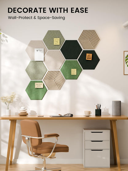 Fluxynara Hexagon Cork Board Alternative for Walls Decor-10-Pack Felt Bulletin Board Tiles,with 30 Pushpins,50 Adhesive Tabs for Office,Classrooms & Home Pin Board Felt Board-Sagewood