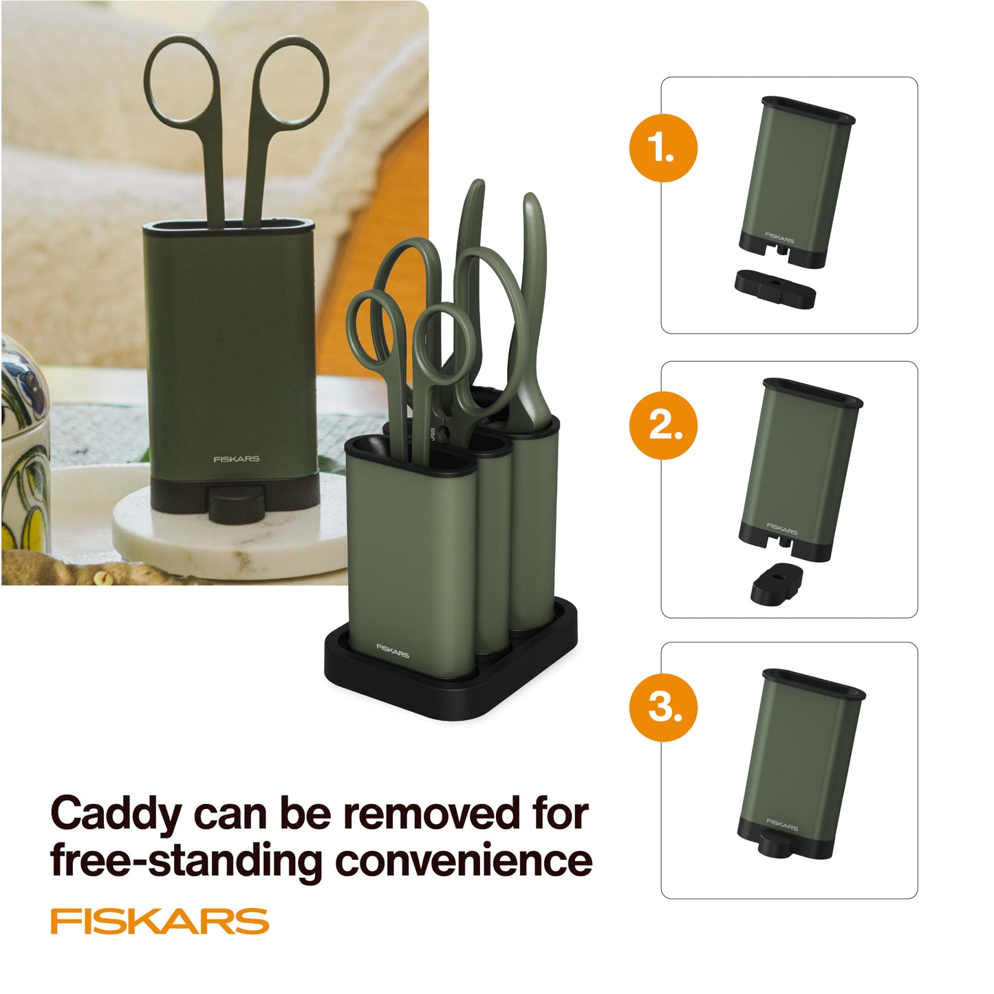Fiskars Indoor Plant Care 3-Piece Set, Precision Gardening Tools with Nesting Storage Caddy, Detail Snips, Stem Shears & Bypass Pruner for Trimming & Shaping Houseplants, Stainless Steel Blades, Green