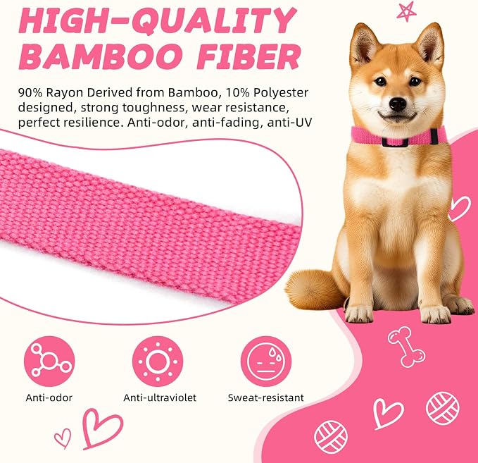 Rose Pink Dog Collar and Leash Set for Small Dogs, Breathable, Anti-Odor & Soft, Comfortable for Sensitive Skin Puppies, 90% Bamboo Rayon, Adjustable Quick-Release Buckle Pet Collar for Chihuahuas