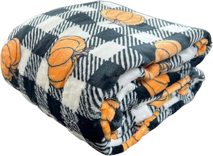 Fall Pumpkin Throw Blanket: Modern Farmhouse Country Black and White Check Plaid Extra Large 50" x 70"