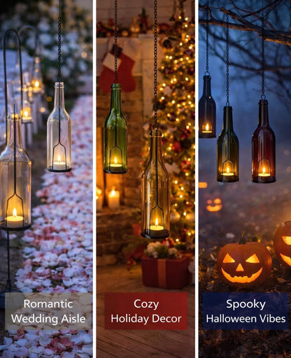 AceList 4-Pack Hanging Candle Holder for Cut Glass Bottles – Rustic Black Iron DIY Wine Bottle Lantern for Patio, Wedding, Halloween, Christmas Décor & Gift