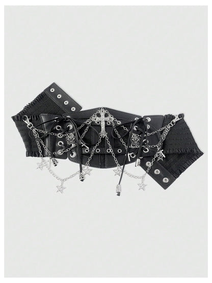 WDIRARA Women's Faux Leather Corset Belt Chain Goth Punk Cross Lace Up Side Elastic Waist Corset Black Large