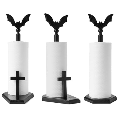 Kihomi Bat Paper Towel Holder with Suction Cups - Black Wooden Coffin Paper Roll Holder, Gothic Kitchen and Bathroom Accessory, Halloween Decor, Spooky Rustic Table and Witchy Gifts for Women (Bat)