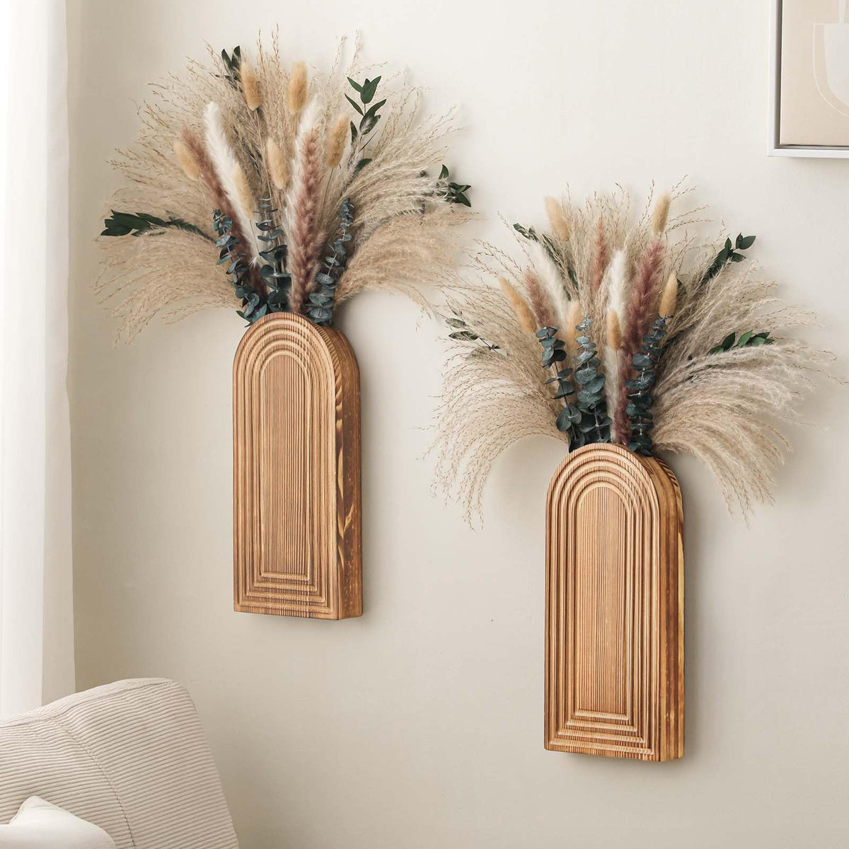 2 Pack Wooden Wall Vase Set with Pampas Grass Eucalyptus, Modern Farmhouse Boho Wall Decor for Living Room, Entryway, Hallway, Bathroom, Dining Room, Brown Wall Art for Home Decoration