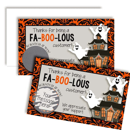 Amanda Creation Funny Fabulous Customer Halloween Ghost Scratch & Win Customer Appreciation Package Inserts for Small Businesses, 20 2" X 3.5” Single Sided Insert Cards with Scratch Off Stickers