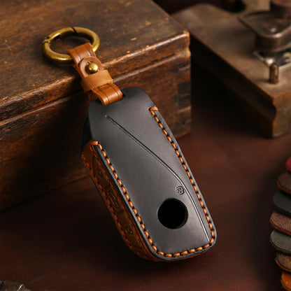 OLLEN Screws-Free Genuine Leather Key Fob Cover Fit for BMW 2023-2025~up New 5/7 Series 740i 760i X1 X2 X3 X5 X6 X7 XM IX IX3 I5 I7 etc, with Key Ring, Black