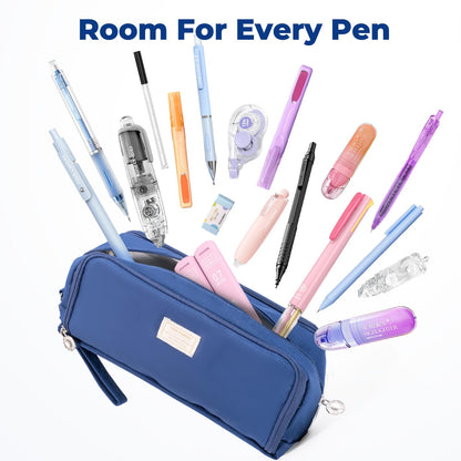 Four Candies Blue Pencil Case 3 Compartment Pouch, Large Pencil Case for School, Girls, Teen Boys, Women, Dark Blue, Removable Handle & Zipper, Cute Pencil Bag for Office, College